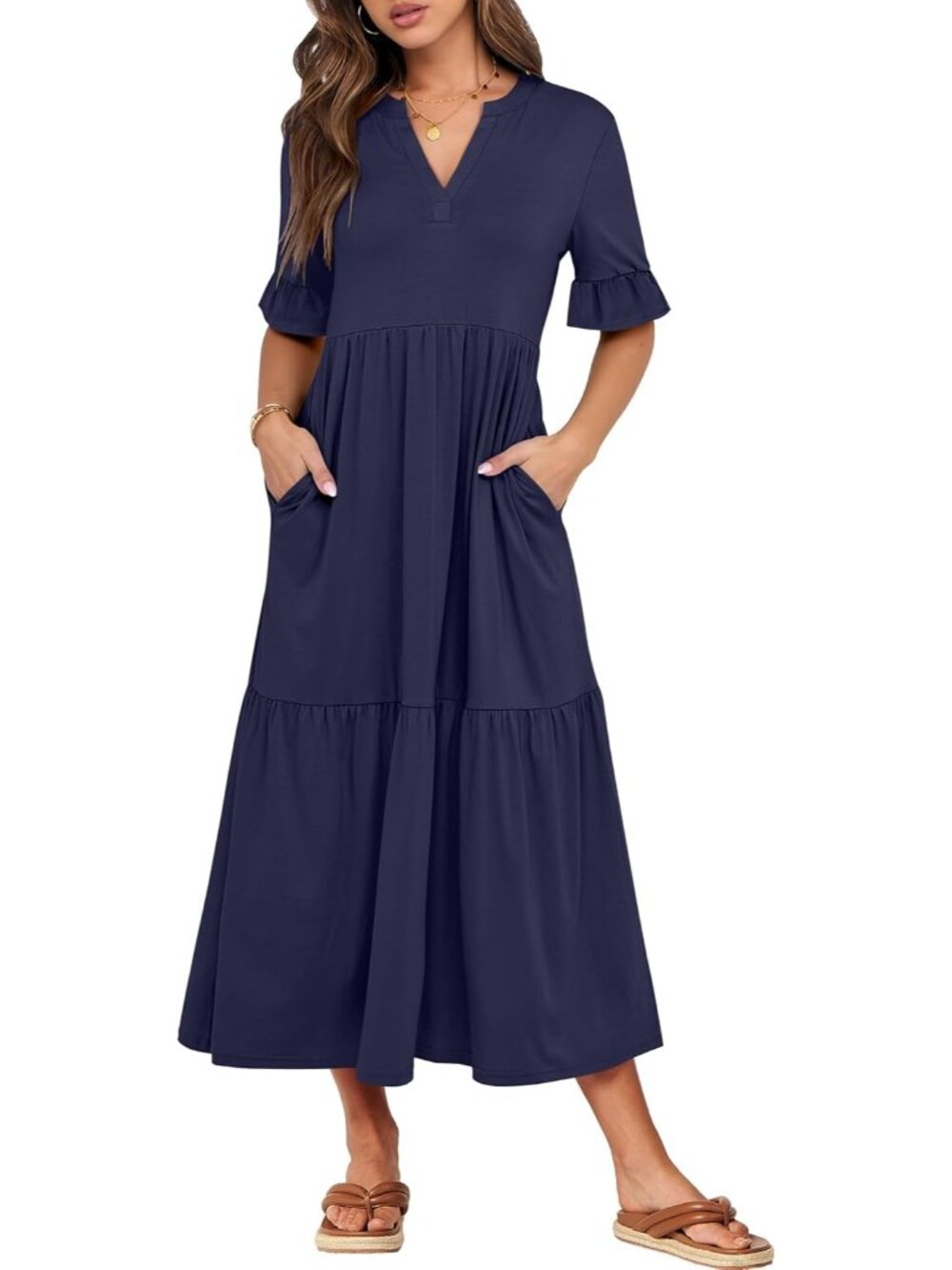 Women's Dark Blue Short Sleeve Maxi Dress V-Neck Tiered with Pockets Dresses